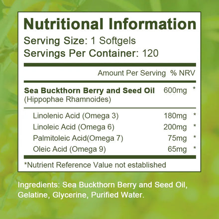 Organic Omega-7 Sea Buckthorn Seed Oil Capsule for Heart, Immune Support, and Intestinal Health, Healthy Skin, Hair and Nails