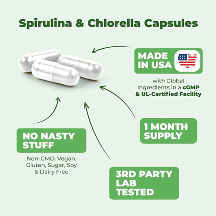 Organic Spirulina and Chlorella Capsules | Used for immunity, antioxidants, and energy support. vegetarian diet. 60 capsules