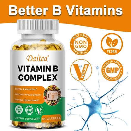 Organic Vitamin B Complex Supports Energy, Immune Health, Antioxidant Supplement - 30/60/120 Vegetarian Capsules