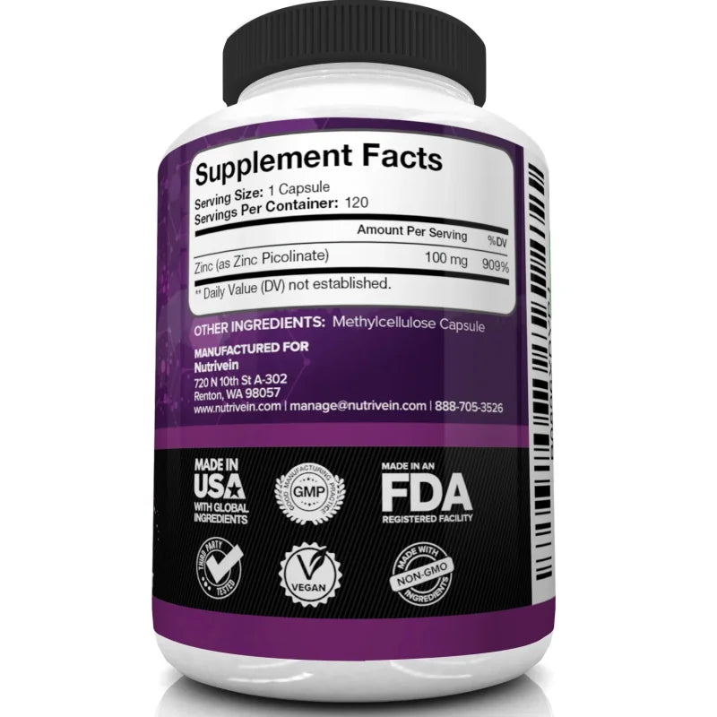Premium Zinc Picolinate 100 Mg Per Serving - 120 Capsules - Boosts Immune Support, Sleep & Energy