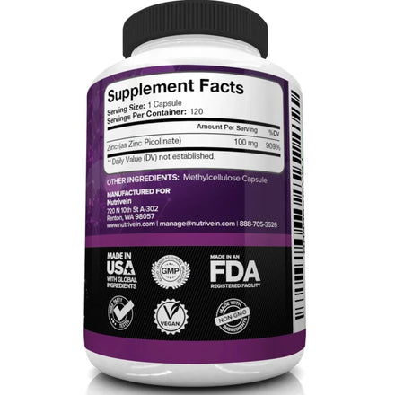 Premium Zinc Picolinate 100 Mg Per Serving - 120 Capsules - Boosts Immune Support, Sleep & Energy