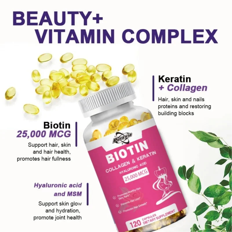 Purevia Biotin Collagen Capsule - Vitamins For Hair Growth Support - Supplement For Women, Men - B1 B2 B3 B6 B7 - Nails & Skin