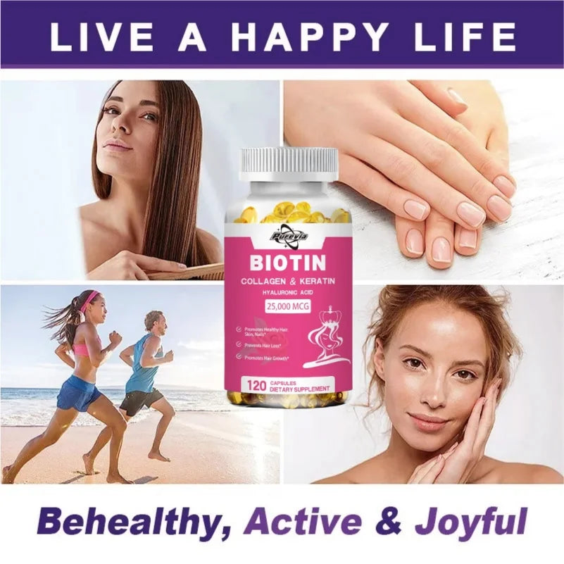 Purevia Biotin Collagen Capsule - Vitamins For Hair Growth Support - Supplement For Women, Men - B1 B2 B3 B6 B7 - Nails & Skin