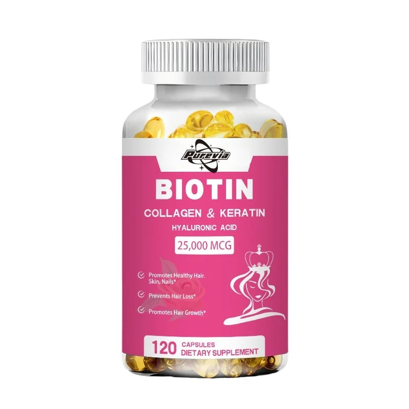 Purevia Biotin Collagen Capsule - Vitamins For Hair Growth Support - Supplement For Women, Men - B1 B2 B3 B6 B7 - Nails & Skin