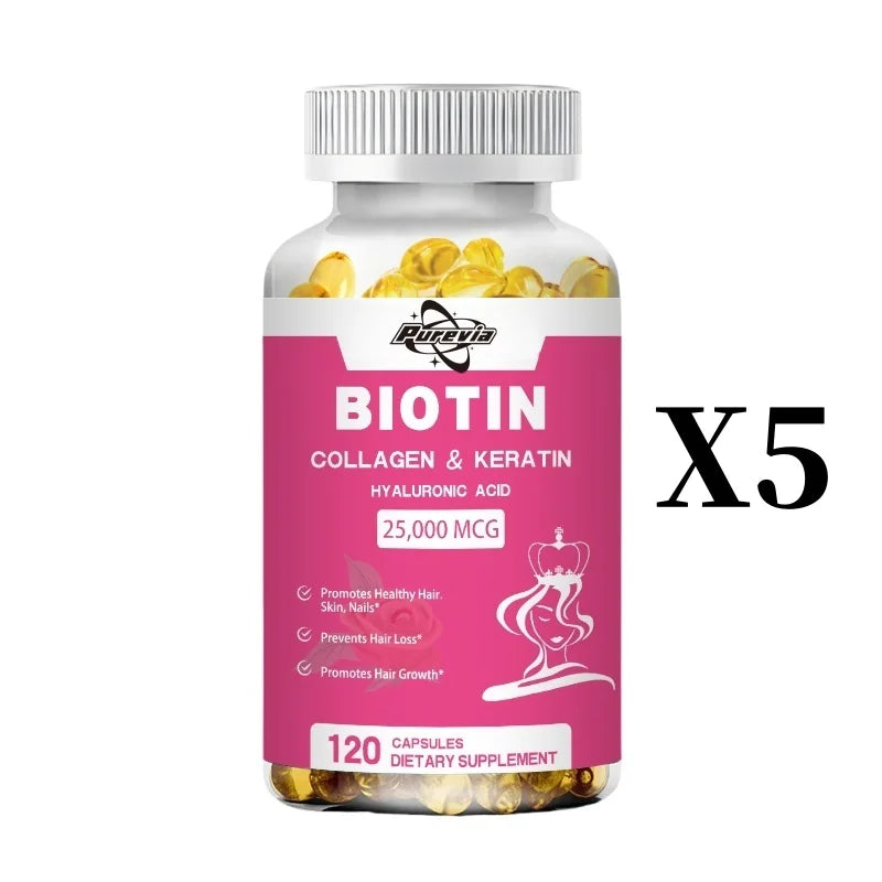 Purevia Biotin Collagen Capsule - Vitamins For Hair Growth Support - Supplement For Women, Men - B1 B2 B3 B6 B7 - Nails & Skin