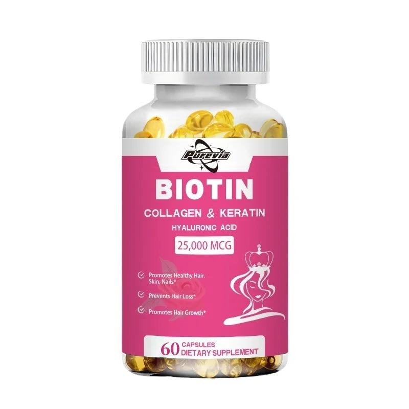 Purevia Biotin Collagen Capsule - Vitamins For Hair Growth Support - Supplement For Women, Men - B1 B2 B3 B6 B7 - Nails & Skin
