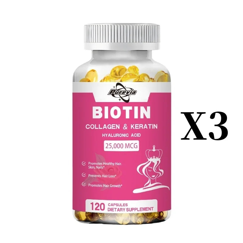 Purevia Biotin Collagen Capsule - Vitamins For Hair Growth Support - Supplement For Women, Men - B1 B2 B3 B6 B7 - Nails & Skin