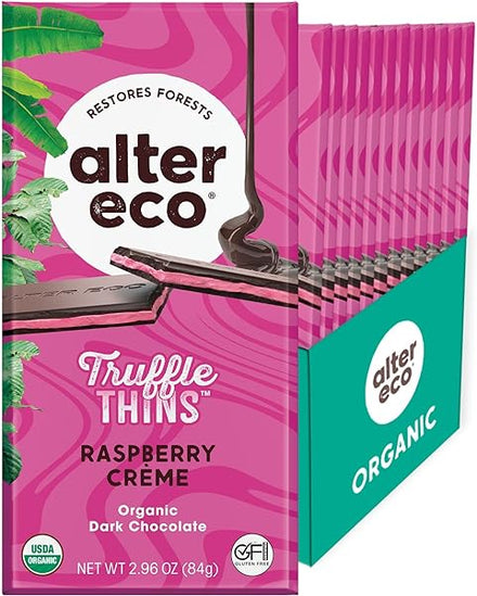 Raspberry Creme Truffle Thins, Chocolate Bar with Gooey Ganache Truffle Filling, Organic, Gluten & Soy-Free, Non-GMO Snacks, No Additives, Recyclable Packaging, Fair Trade (12-Pack Raspberry Creme) in Pakistan