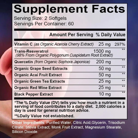 Resveratrol 1500mg Supplement - Antioxidant, Anti-Aging, Skin Radiance, Heart, Cardiovascular, Immune, Metabolism