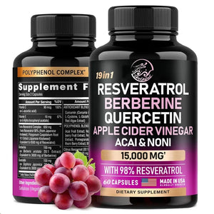 Resveratrol 60 Capsules Supplement 15000mg 19-in-1 Organic Polyphenol Complex Astartate Quercetin Apple Vinegar Antioxidant