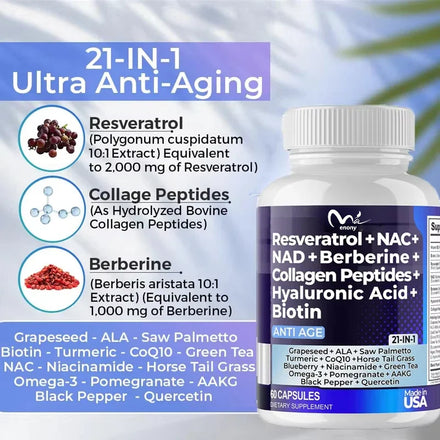 Resveratrol NAD Aspartate Hyaluronic Acid Grape and Blueberry Collagen Peptides Hair, Nail, Skin, and Joint Supplements Capsules