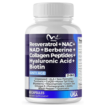 Resveratrol NAD Aspartate Hyaluronic Acid Grape and Blueberry Collagen Peptides Hair, Nail, Skin, and Joint Supplements Capsules