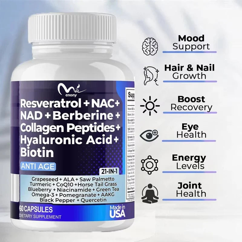 Resveratrol NAD Aspartate Hyaluronic Acid Grape and Blueberry Collagen Peptides Hair, Nail, Skin, and Joint Supplements Capsules
