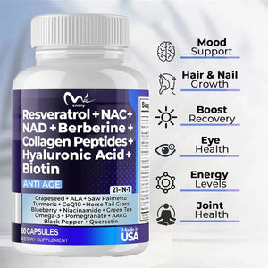 Resveratrol NAD Aspartate Hyaluronic Acid Grape and Blueberry Collagen Peptides Hair, Nail, Skin, and Joint Supplements Capsules