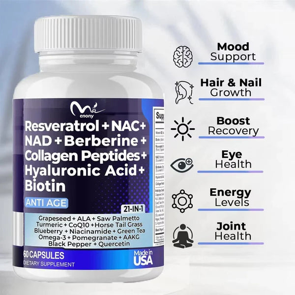 Resveratrol NAD Aspartate Hyaluronic Acid Grape and Blueberry Collagen Peptides Hair, Nail, Skin, and Joint Supplements Capsules in Pakistan