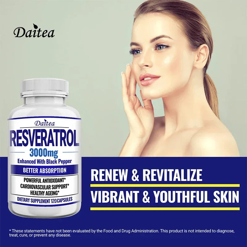 Resveratrol Supplement 3000 Mg - Non-GMO and Gluten Free, Ultra-Pure Trans-Resveratrol 120 Capsules, Anti-Aging, Antioxidant