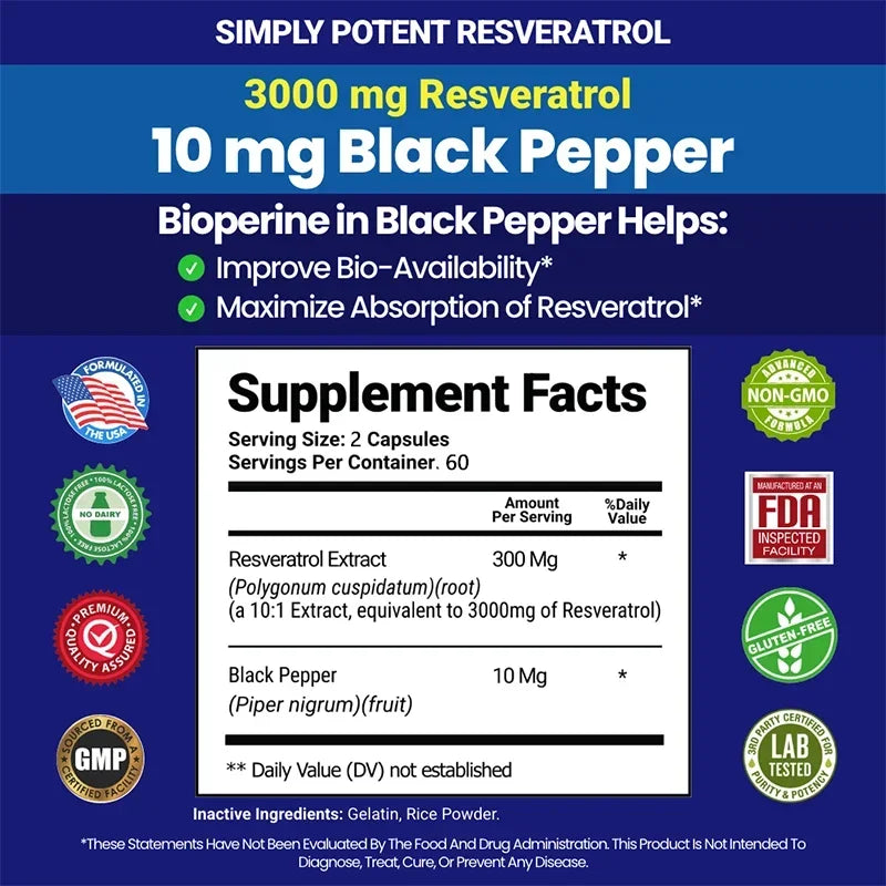 Resveratrol Supplement 3000 Mg - Non-GMO and Gluten Free, Ultra-Pure Trans-Resveratrol 120 Capsules, Anti-Aging, Antioxidant