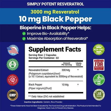 Resveratrol Supplement 3000 Mg - Non-GMO and Gluten Free, Ultra-Pure Trans-Resveratrol 120 Capsules, Anti-Aging, Antioxidant