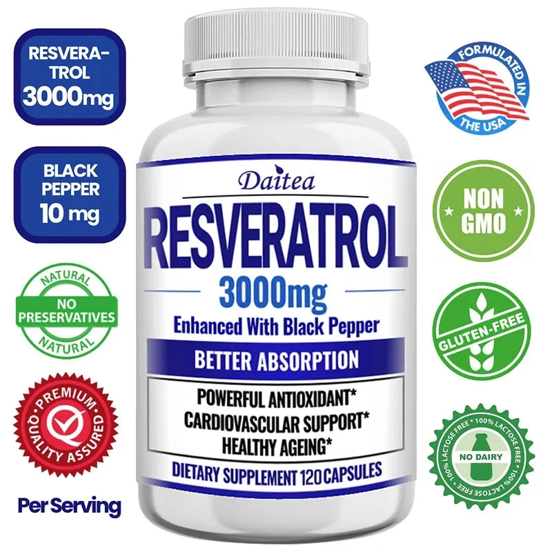 Resveratrol Supplement 3000 Mg - Non-GMO and Gluten Free, Ultra-Pure Trans-Resveratrol 120 Capsules, Anti-Aging, Antioxidant
