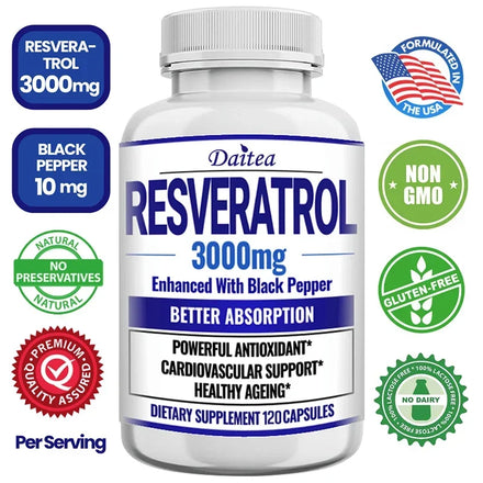 Resveratrol Supplement 3000 Mg - Non-GMO and Gluten Free, Ultra-Pure Trans-Resveratrol 120 Capsules, Anti-Aging, Antioxidant