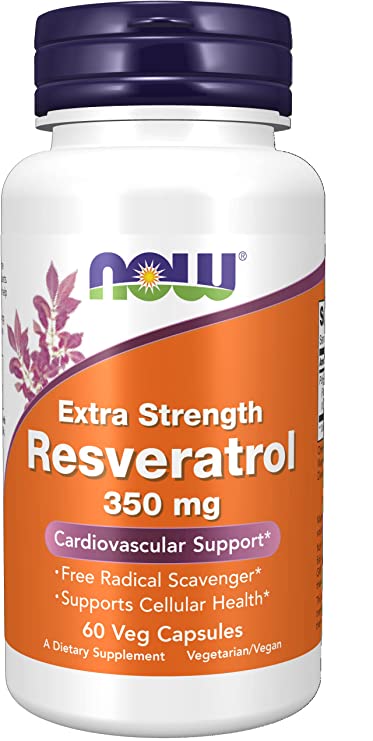 NOW Supplements, Extra Strength Resveratrol 350mg, anti-aging supplements, cardiovascular support, 60 Veg Capsule