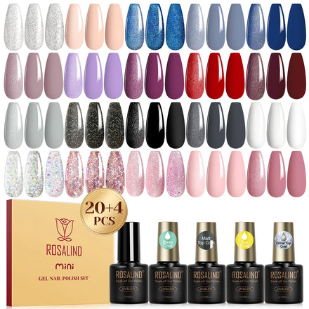 Rosalind New 24Pcs/Set Gel Nail Polish With Gittler Top Coat Set Summer Trend Colors Soak Off UV Lamp For Nail Art Design