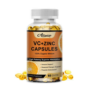 Alliwise Organic Vitamin C 500mg + Zinc 20mg Capsules Supplements Antioxidant Immune Pigmentation Anti-wrinkle Whitening Skin in Pakistan