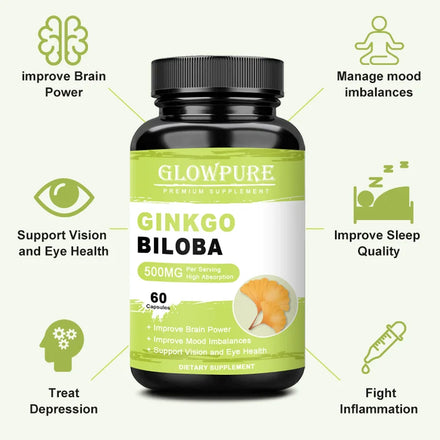 Ginkgo Biloba Extract Capsules for Brain Cognitive Memory, Relieve Anxiety Depression, Mood Balance Supplement Premium Non-GMO