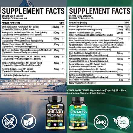 SHILAJIT + SEA MOSS Capsules, Strength, Energy, Muscle, Endurance, Anti-Fatigue, Overall Health Supplement
