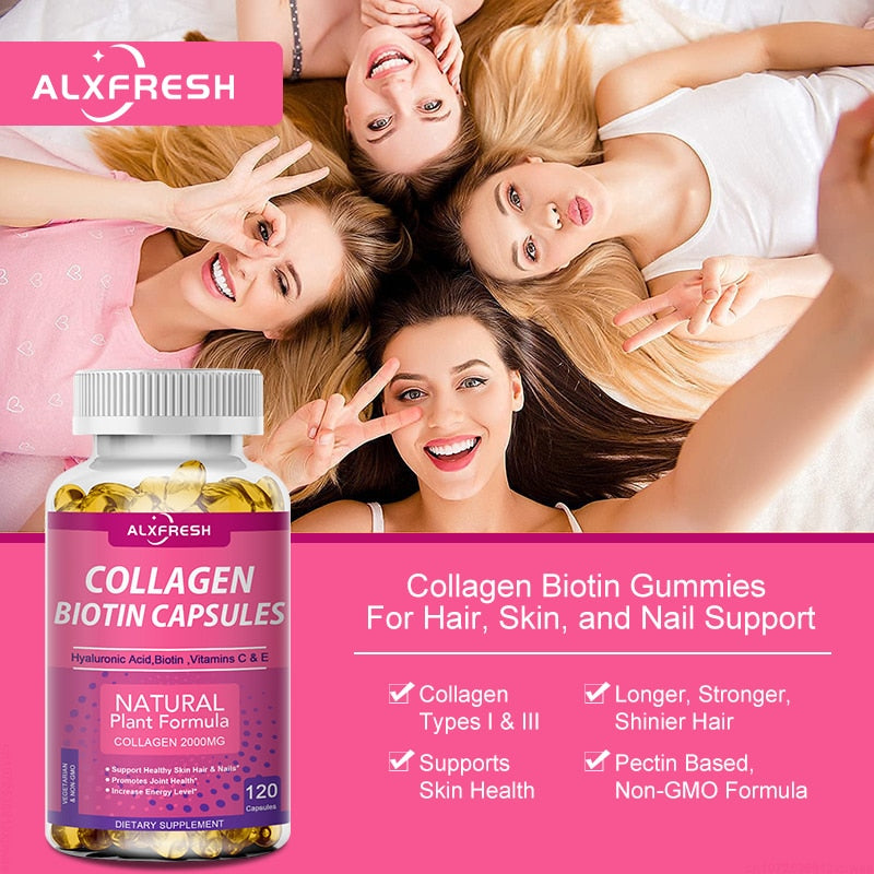 Alxfresh 3X Collagen Biotin Supplement Protein Support Anti Aging Strong Nails Shiny Hair Glowing Smooth Skin Vegan Capsules