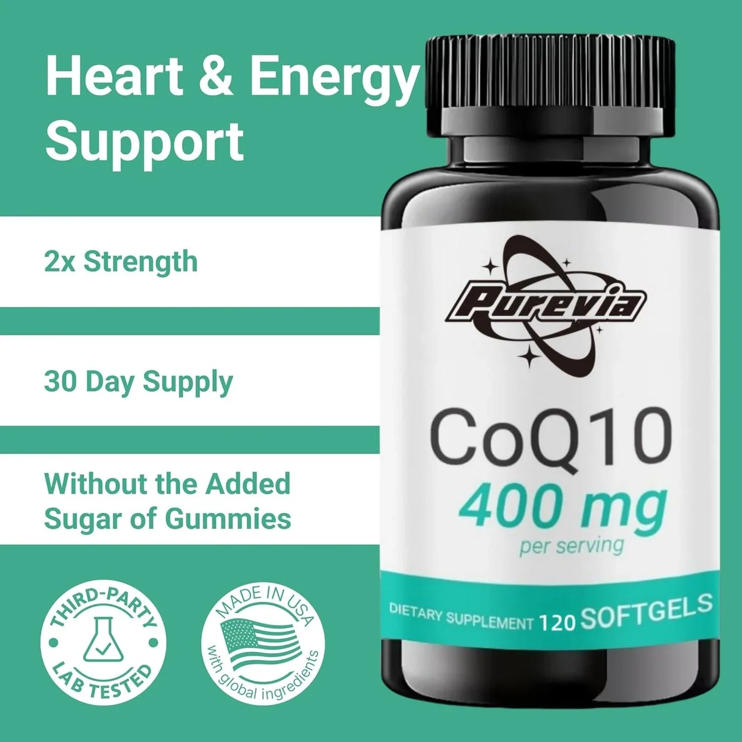 Purevia CoQ-10 Supplements 400 mg With Omega 3 Fatty Acids Vitamin E Ultra High Absorption Coq-120 Capsules