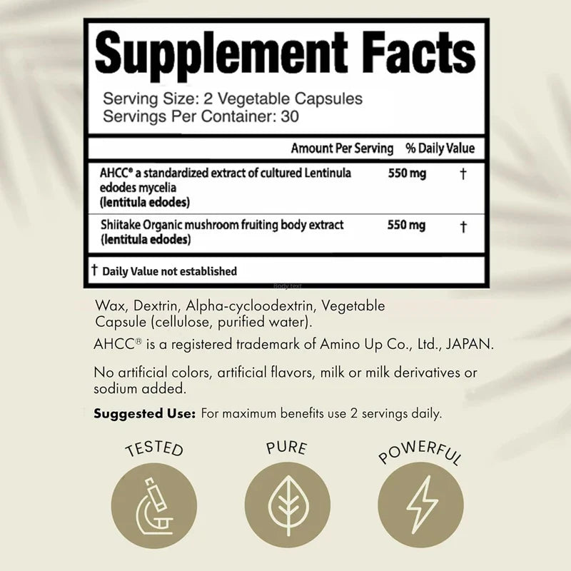 AHCC active compound, 1100mg shiitake mushroom supplement, natural immune support for men and women, 60 vegetarian capsules