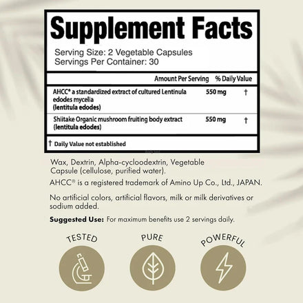 AHCC active compound, 1100mg shiitake mushroom supplement, natural immune support for men and women, 60 vegetarian capsules