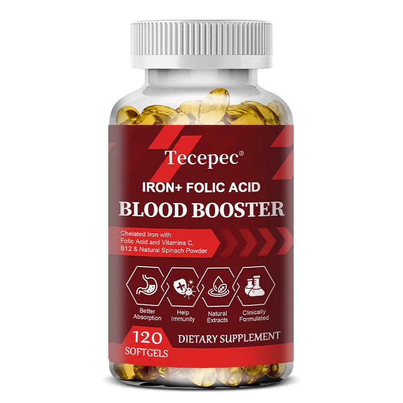 Iron + Folic Acid Blood Booster - Chelated Iron & Folic Acid, Vitamin C, B12 and Natural Spinach Powder for Better Absorption