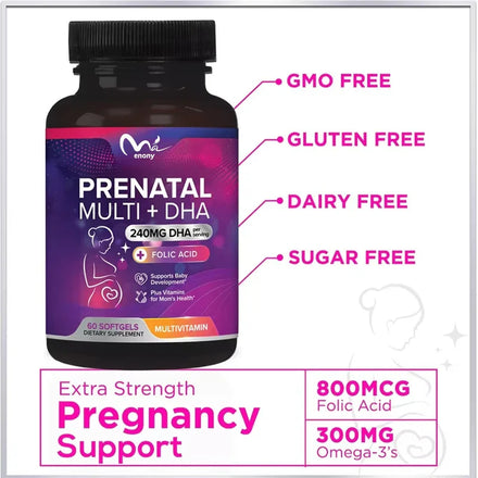 Female prenatal multivitamin containing folic acid, Omega 3, vitamin D3, B6, B12, and iron DHA, non GMO-60 soft capsules