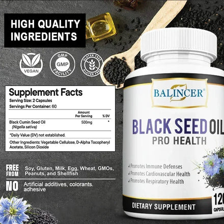 Black Cumin Seed Oil - Supports Immune Defense, Cardiovascular, Respiratory Health, 120 Capsules, Dietary Supplement