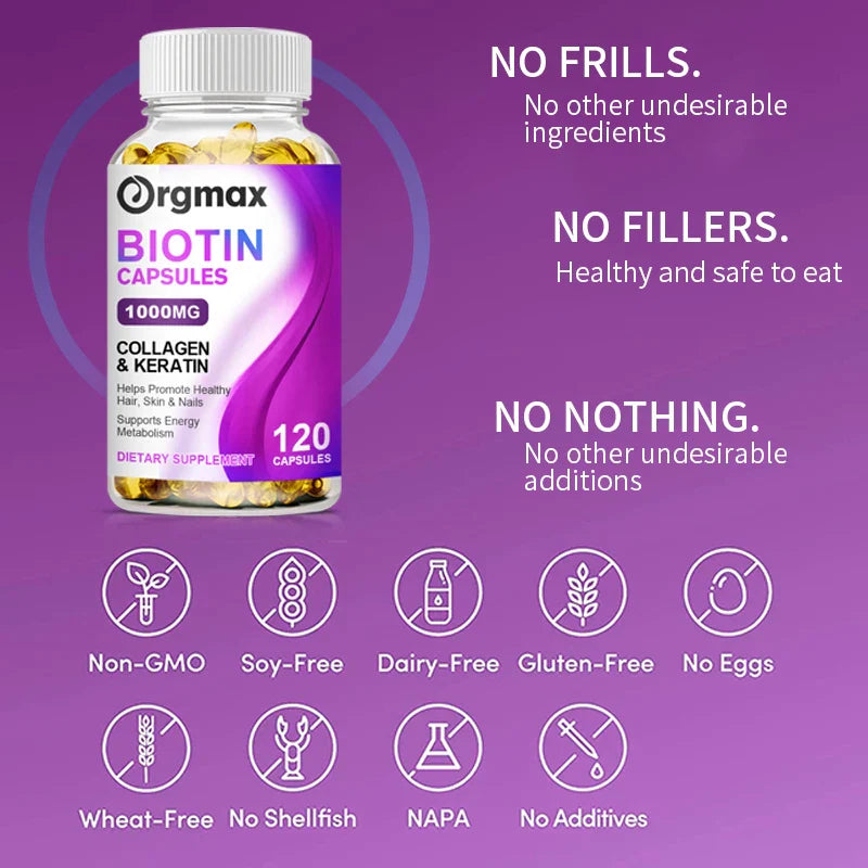 Orgmax Biotin Collagen Capsules Diet Supplement with Keratin Support Nails Skin Hair Health Growth for Women&Men Multivitamin