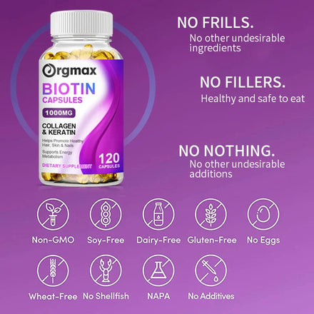 Orgmax Biotin Collagen Capsules Diet Supplement with Keratin Support Nails Skin Hair Health Growth for Women&Men Multivitamin