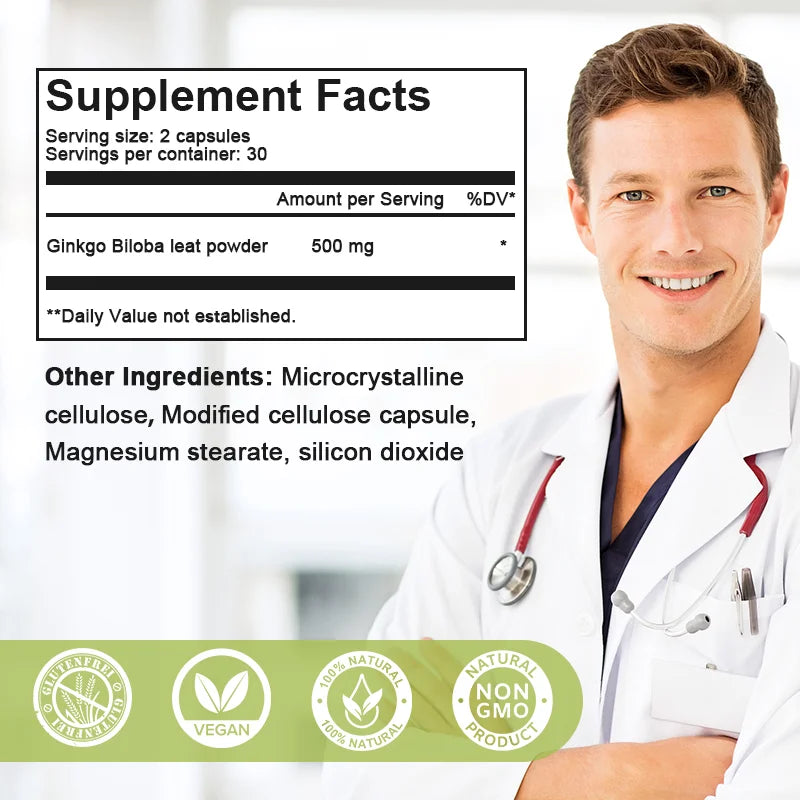 Ginkgo Biloba Extract Capsules for Brain Cognitive Memory, Relieve Anxiety Depression, Mood Balance Supplement Premium Non-GMO