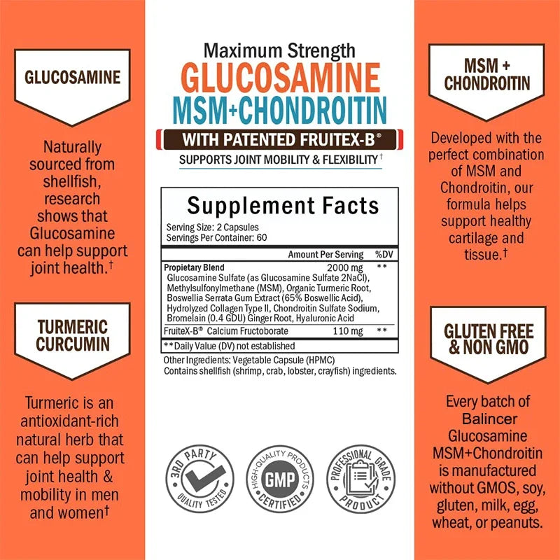 Glucosamine MSM Chondroitin Curcumin - Helps Support Sciatic Nerve Care and Joint Health - for Men & Women - Vegetarian Capsules