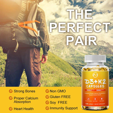 Minch Vitamin D3 with K2 Complex Supplement Health Care Non-GMO Formula 5000mg IU Vita D3 300 mcg Vitamin K2 Body Function Tools