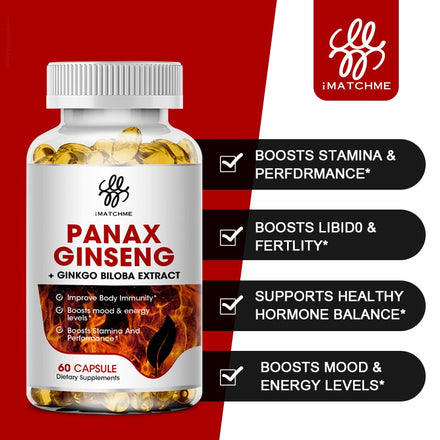 Korean Red Panax Male Energy Supplement Ginseng Ginkgo Biloba Ashwagandha for Focus, Memory, Brain, kidney