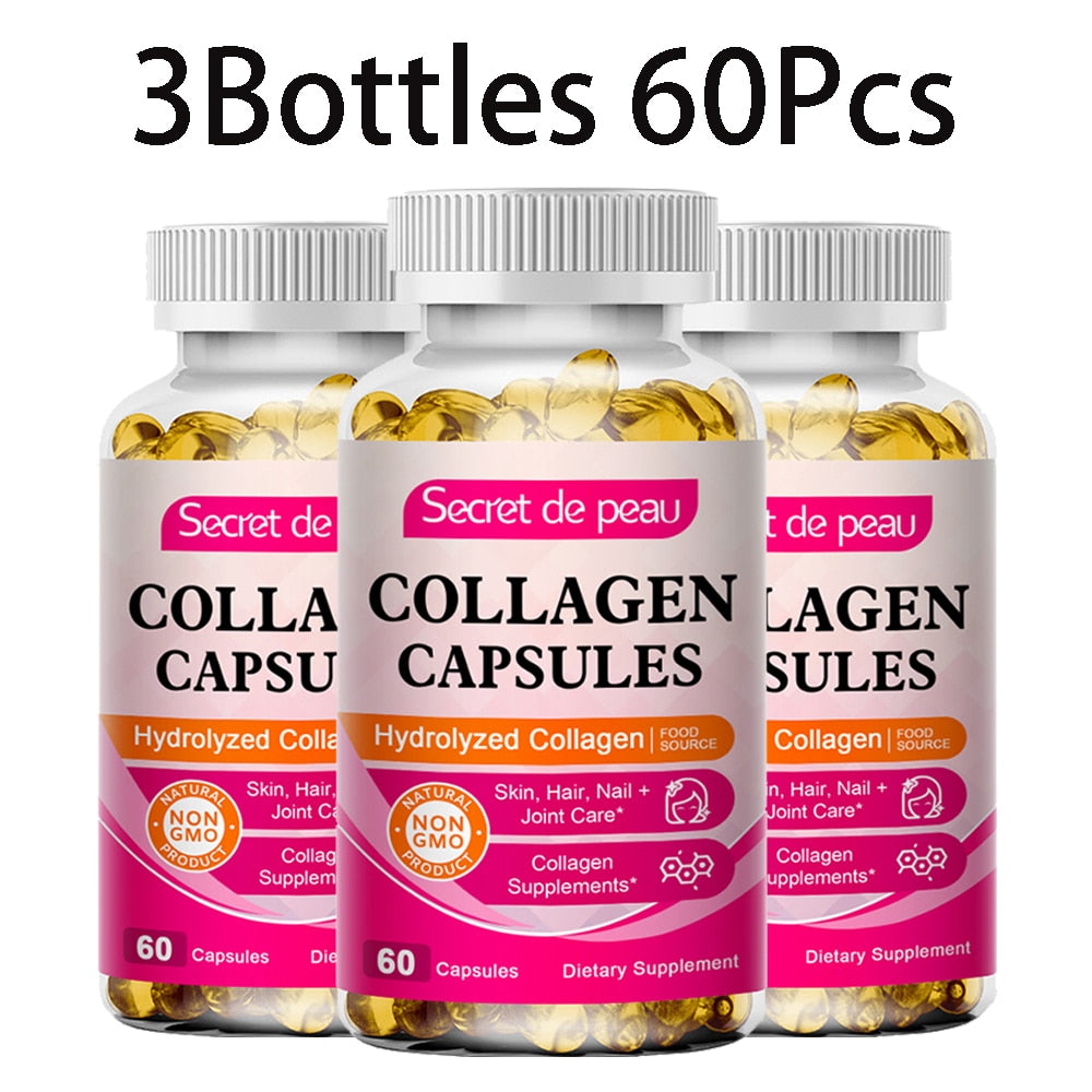 3 Bottles Hydrolyzed Collagen Capsule Support Skin Brightening&Joint&Hair&Nails Anti-aging Firming Skin Care Collagen Supplement