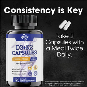 Vitamin D3+k2 5000 Iu 200 Mcg Vitamins Capsules || Non-gmo, Vegan, Nutural, Gluten-free || Supplement