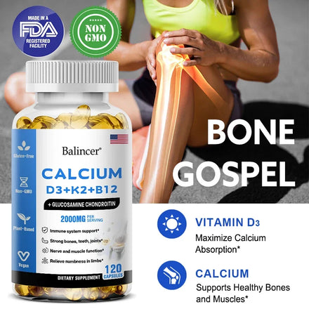 Calcium + D3 + K2 + B12 Capsules - Support Bone and Muscle Health, Replenish Joints