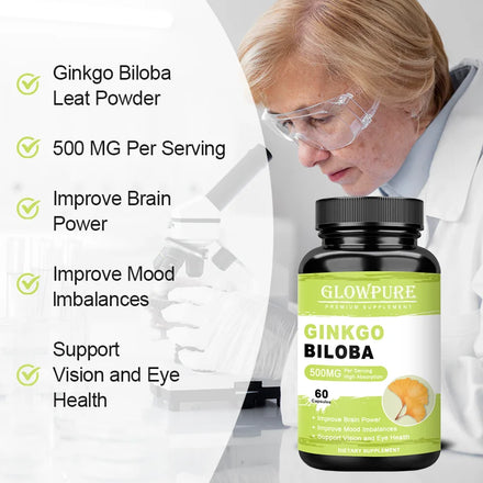 Ginkgo Biloba Extract Capsules for Brain Cognitive Memory, Relieve Anxiety Depression, Mood Balance Supplement Premium Non-GMO