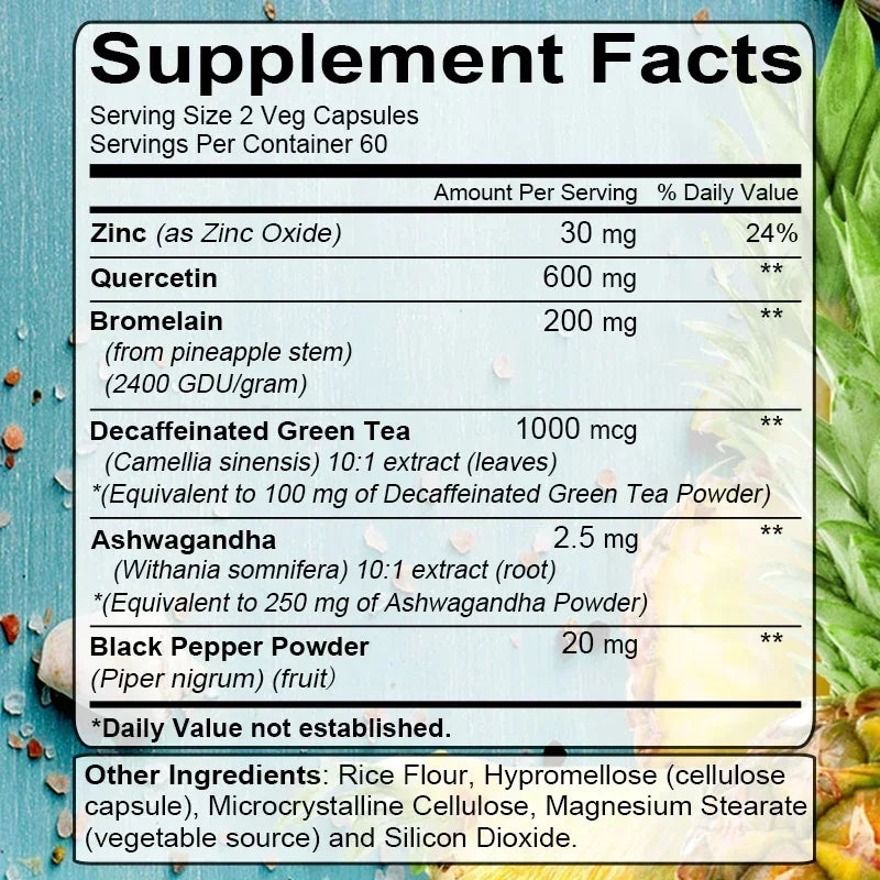 Quercetin 1200 mg with Bromelain and Zinc - Natural Immune Support Supplement, Antioxidant, Skin and Respiratory Health