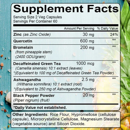 Quercetin 1200 mg with Bromelain and Zinc - Natural Immune Support Supplement, Antioxidant, Skin and Respiratory Health