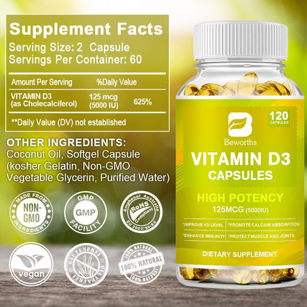 BW Vitamin D3 Capsules Strengthens Bones, Teeth, Heart and Nerves, Enhances Immune System Function Supplement For Women & Men