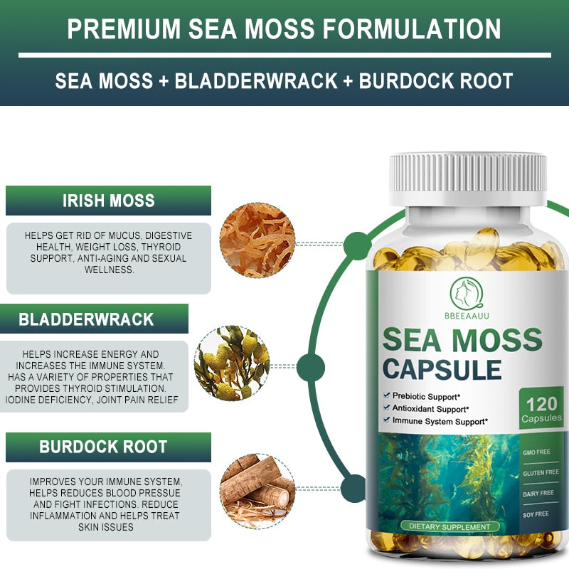 BEAU Sea Moss Capsule Iodine Supplement Support Thyroid Function Reduce Inflammation Protect Joints Boosts Digestion Healthy Gut